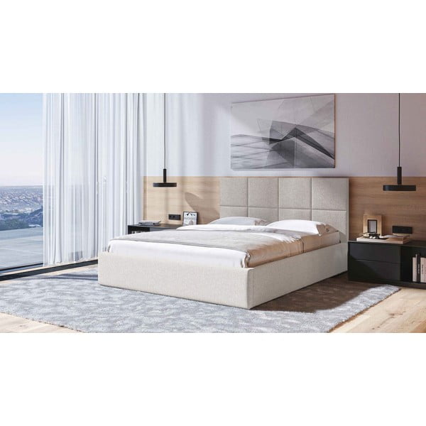 Pat matrimonial bej tapițat cu spațiu de depozitare cu somieră 160x200 cm Bufo – MESONICA-image-1