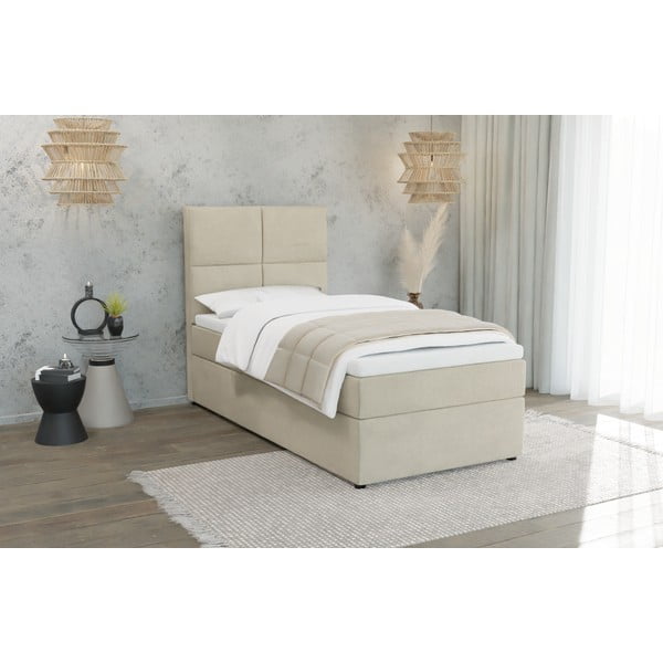 Pat bej tapițat cu spațiu de depozitare cu somieră 90x200 cm Lena – Ropez-image-1