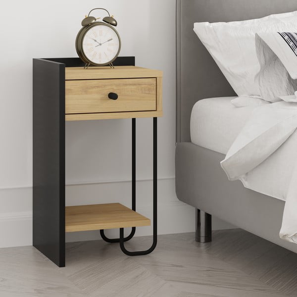 Noptieră neagră/în culoare naturală cu rafturi cu aspect de lemn de stejar Mercure – Marckeric-image-1