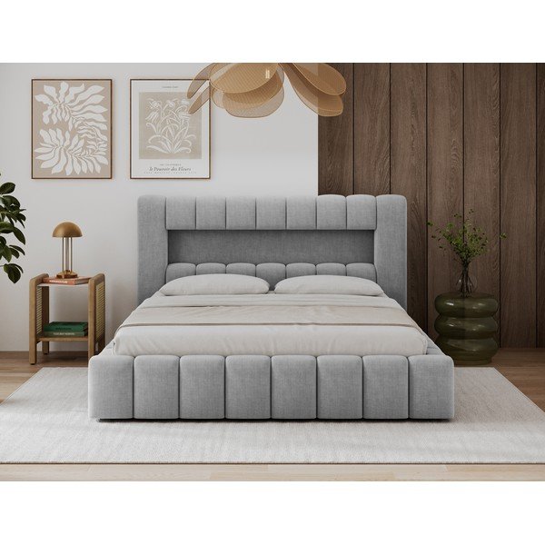 Pat matrimonial gri deschis tapițat cu spațiu de depozitare cu somieră 140x200 cm Lamica – ELTAP-image-3