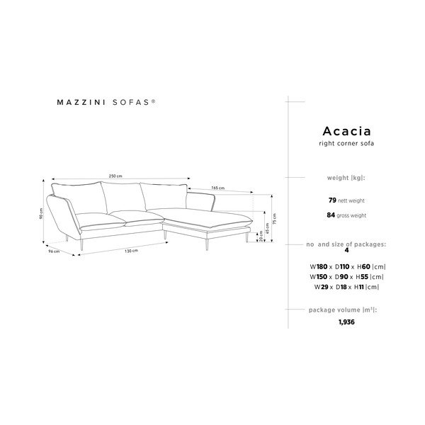 Colțar pe partea dreaptă cu 5 locuri din catifea Mazzini Sofas Acacia, gri-image-3