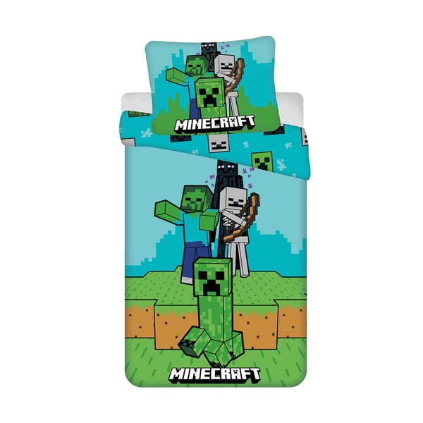Lenjerie de pat pentru copii verde-albastră din bumbac pentru pat de o persoană 140x200 cm Minecraft "Mobs Here" – Jerry Fabrics