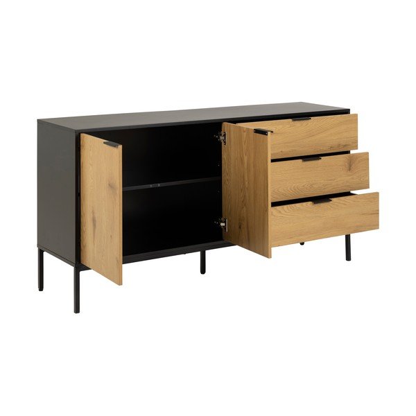 Comodă neagră/în culoare naturală joasă cu aspect de lemn de stejar 160x80 cm Seaford – Actona-image-3