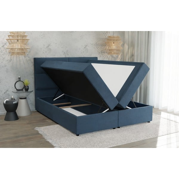 Pat boxspring albastru închis cu spațiu de depozitare 200x200 cm Rico – Ropez-image-2