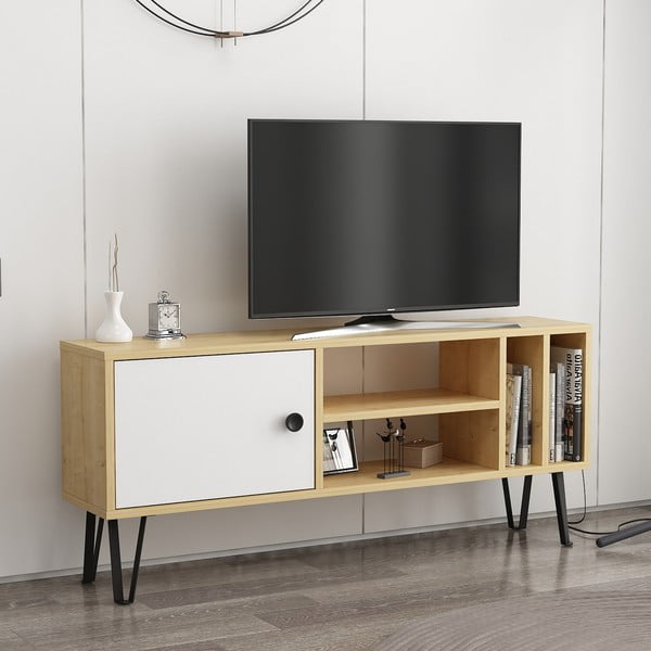 Comodă TV albă/cu aspect de lemn de stejar 120x52 cm Arven – Kalune Design-image-1