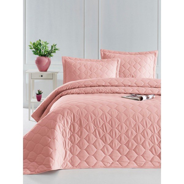 Cuvertură de pat cu față de pernă din bumbac ranforce EnLora Home Fresh, 180 x 225 cm, roz