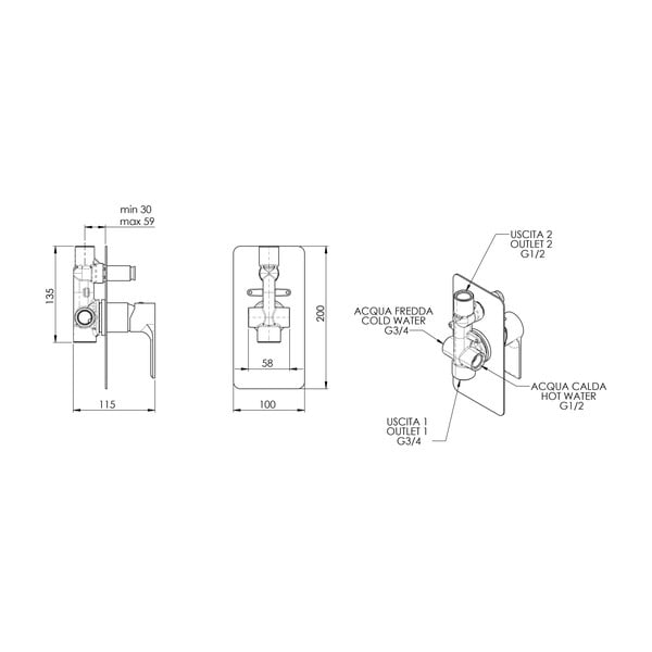 Baterie albă pentru duș încastrată (2 ieșiri) Pax – Sapho-image-1