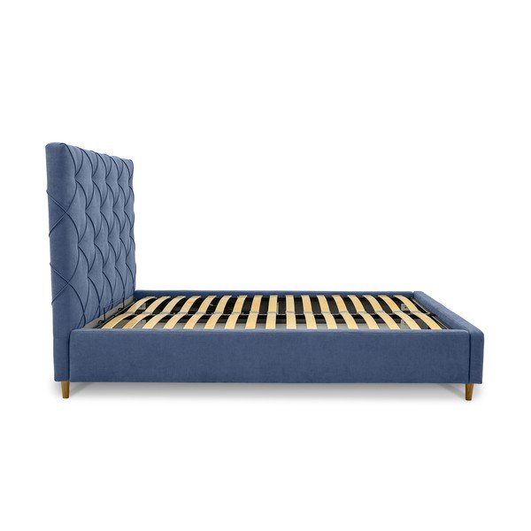 Pat matrimonial albastru tapițat cu spațiu de depozitare și somieră 140x190 cm Bee – Scandic-image-3
