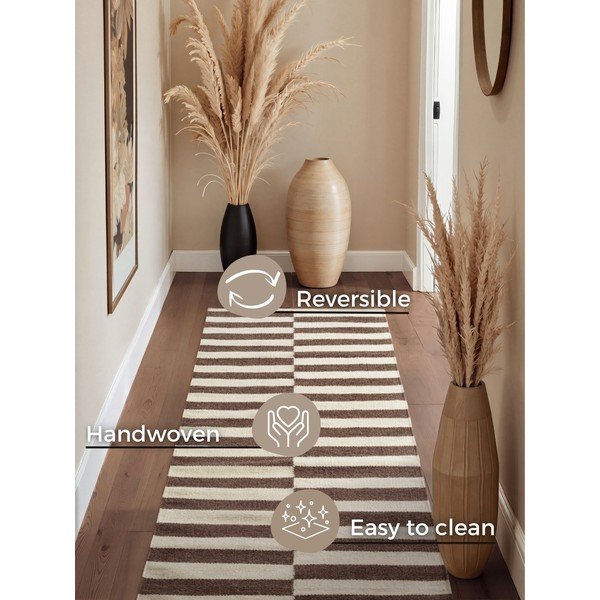 Covor tip traversă alb/maro reversibil/țesut manual din lână 80x200 cm Vika – Hanse Home-image-4