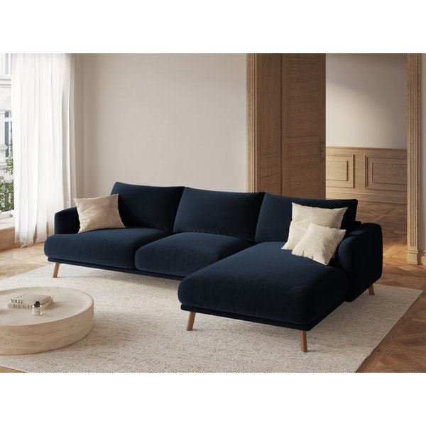 Colțar albastru închis cu tapițerie din catifea (cu colț pe partea dreaptă/cu șezlong) Naomi – Micadoni -image-1