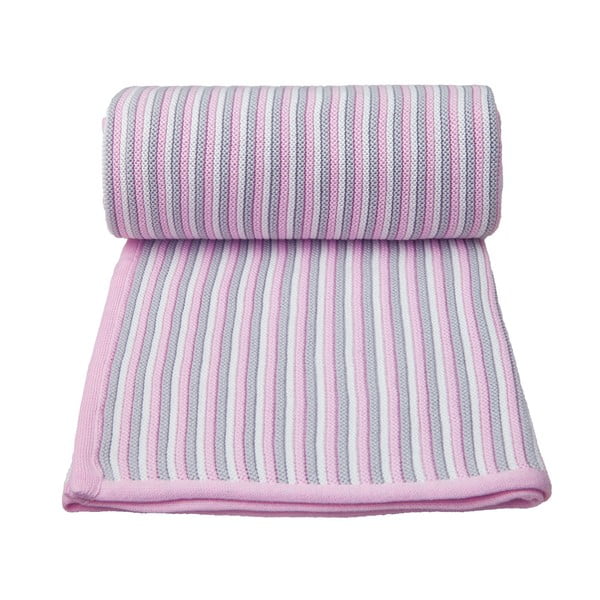 Pătură tricotată din amestec de bumbac pentru copii T-TOMI Spring, 80 x 100 cm, roz - alb
