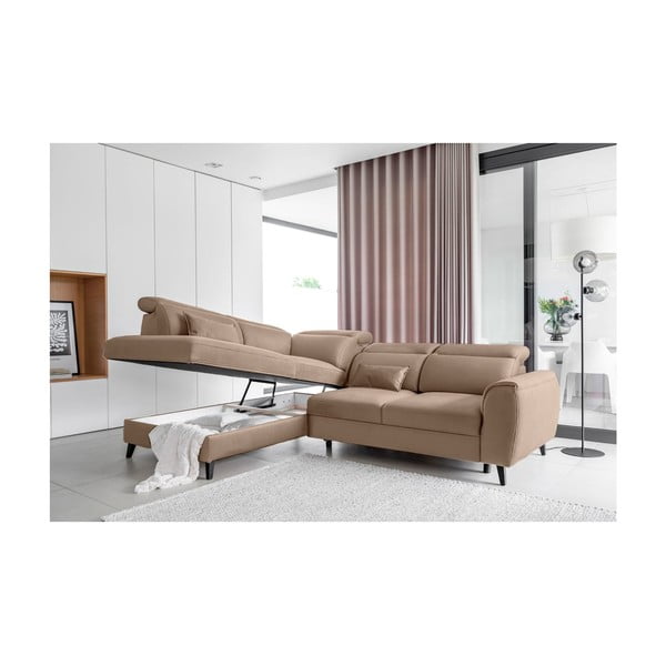 Colțar maro deschis extensibil/cu spațiu de depozitare cu tapițerie din catifea (cu colț pe partea stângă/în formă de ”L”) Noble – ELTAP-image-3