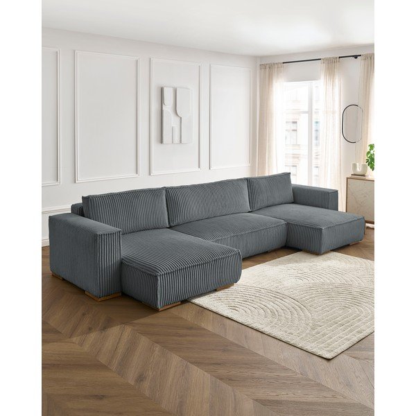 Colțar gri închis extensibil/cu spațiu de depozitare cu tapițerie din catifea reiată  (în formă de "U") Chelsea – Bobochic Paris-image-1