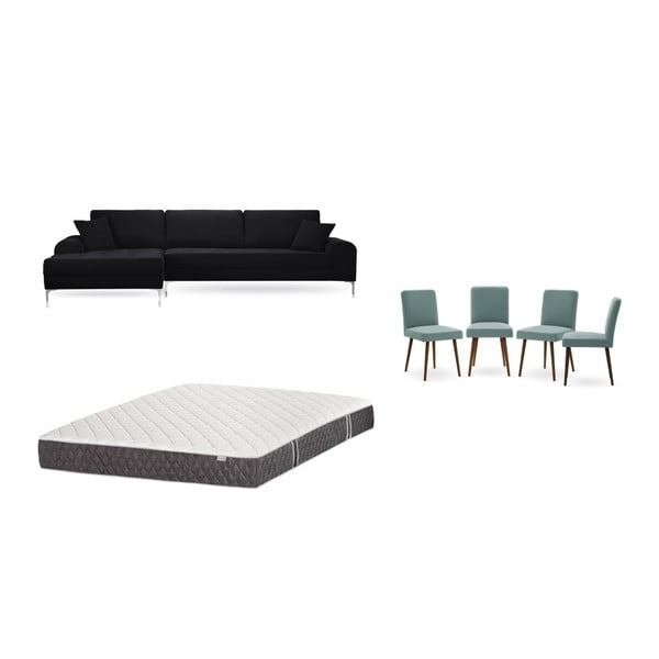 Set canapea neagră cu șezlong pe partea stângă, 4 scaune gri-verde și saltea 160 x 200 cm Home Essentials