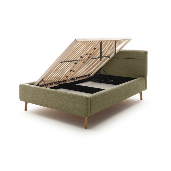 Pat matrimonial verde tapițat cu spațiu de depozitare cu somieră 140x200 cm Lotte – Meise Möbel-image-4