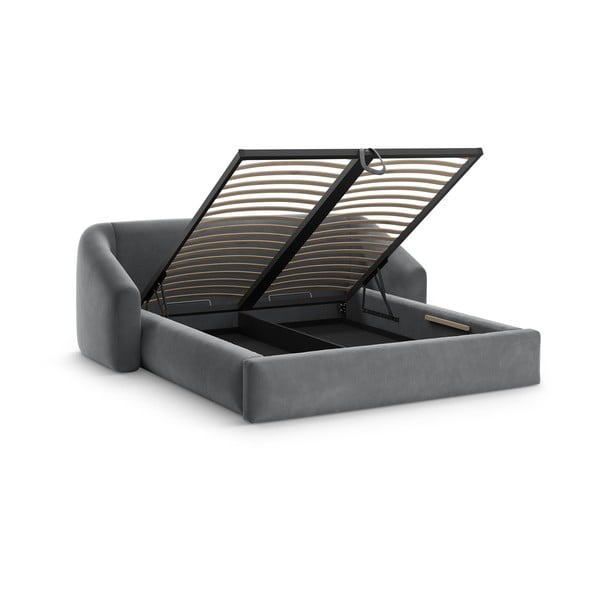Pat matrimonial gri tapițat cu spațiu de depozitare cu somieră 200x200 cm Campi – Cosmopolitan Design-image-1