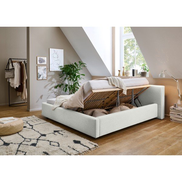 Pat matrimonial alb tapițat cu spațiu de depozitare cu somieră 160x200 cm Cube – Meise Möbel-image-1