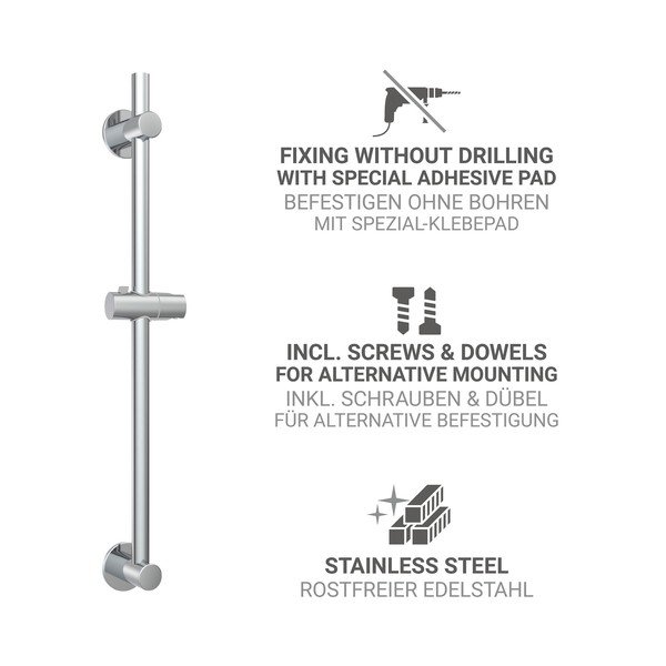 Tijă de duș argintiu-lucios autoadezivă din oțel inoxidabil 70 cm cu suport glisant – Wenko-image-2