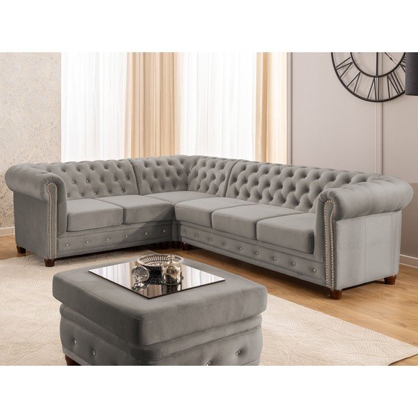 Colțar gri extensibil cu tapițerie din catifea (cu colț pe partea stângă/în formă de ”L”) York Blik – Ropez-image-1