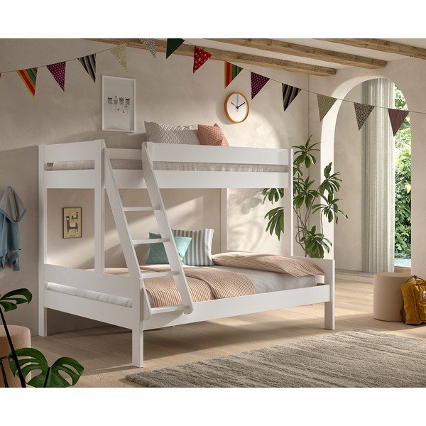 Pat pentru copii  alb supraetajat cu somieră 140x200/90x200 cm Primo – Vipack-image-1