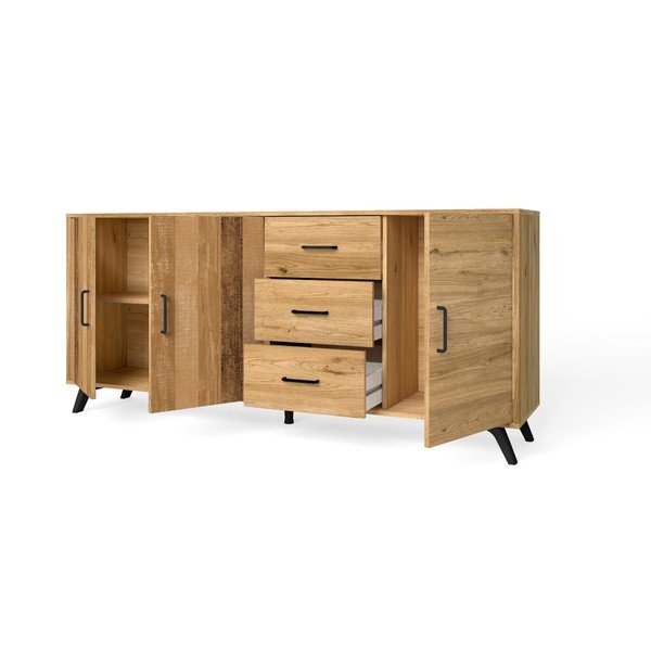 Comodă roșu/ joasă cu aspect de lemn de stejar 181x81 cm Nordic – Marckeric-image-3