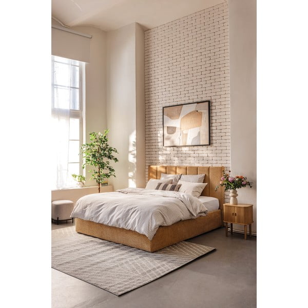 Pat dublu tapițat cu spațiu de depozitare cu saltea și somieră 180x200 cm în culoarea muștar Thessa Bold Line - Bonami Selection-image-1