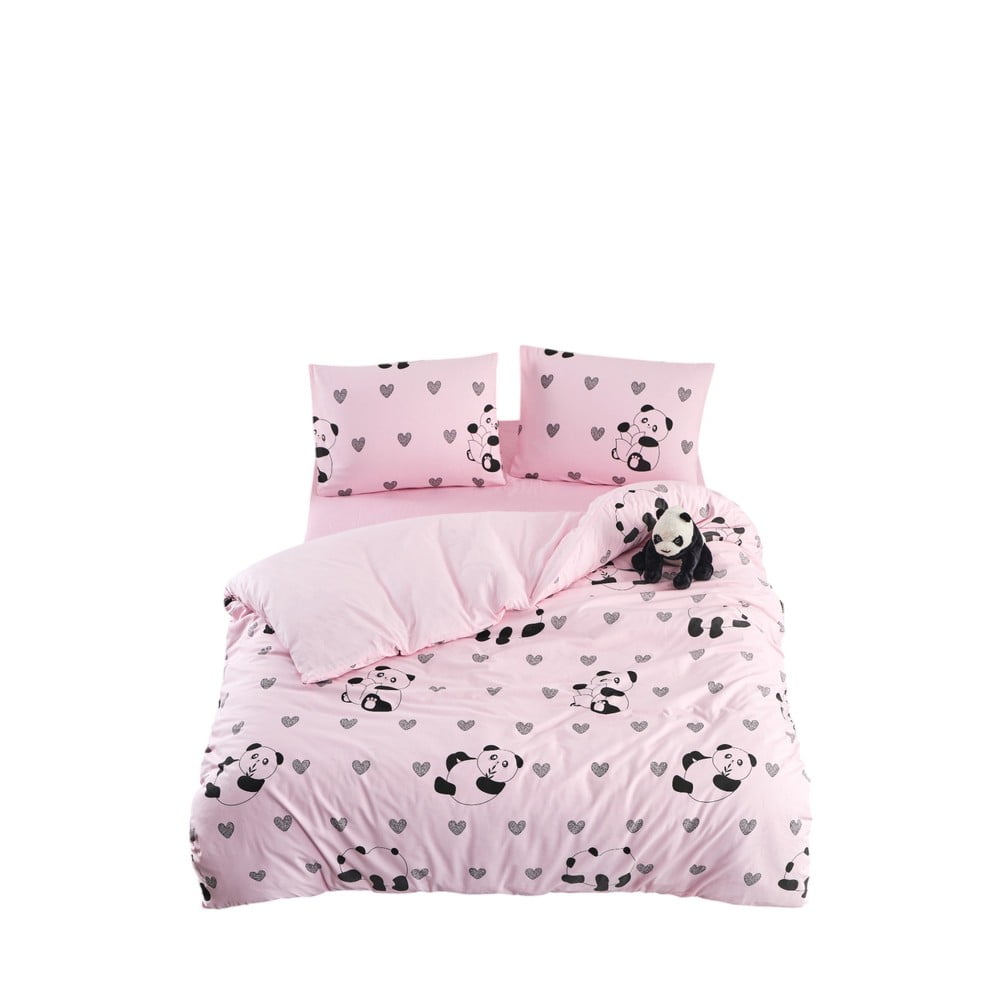 Lenjerie de pat roz pentru pat de o persoană, extinsă cu cearceaf inclus, cu 3 piese 160x220 cm Panda – Mila Home