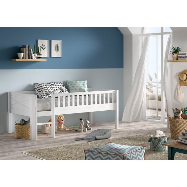 Pat pentru copii  alb înalt din lemn de pin cu somieră 90x200 cm Scott – Vipack-image-1