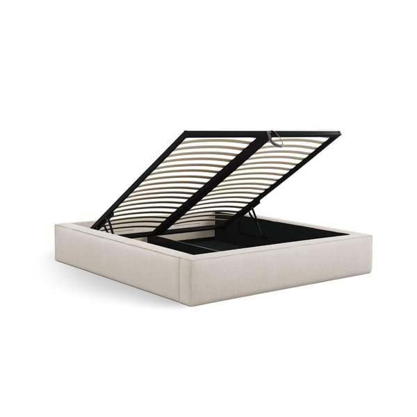 Pat matrimonial crem tapițat cu spațiu de depozitare cu somieră 160x200 cm Simon – Micadoni -image-3