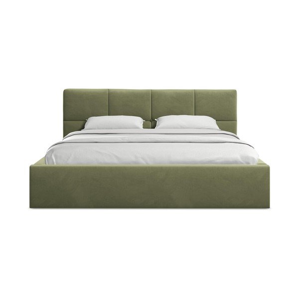 Pat matrimonial verde tapițat din catifea cu spațiu de depozitare cu somieră 140x200 cm Hiko – Makamii-image-3