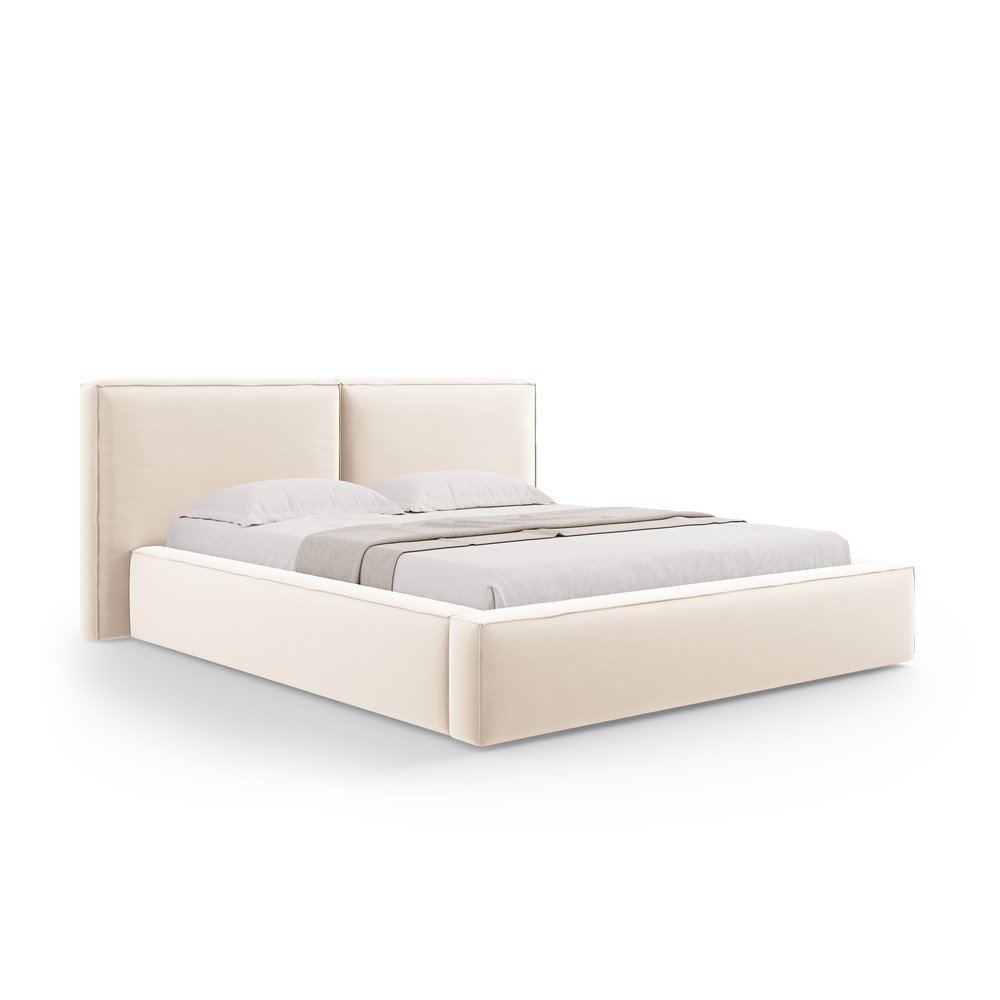 Pat matrimonial crem tapițat din catifea cu spațiu de depozitare cu somieră 180x200 cm Arendal – Cosmopolitan Design