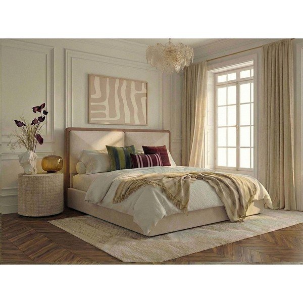 Pat matrimonial bej/roz prăfuit tapițat cu spațiu de depozitare cu somieră 180x200 cm Mara – Bobochic Paris-image-2