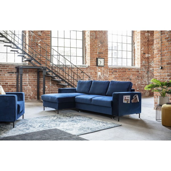 Colțar extensibil din catifea cu șezlong pe partea stângă Miuform Lofty Lilly, albastru marin-image-3