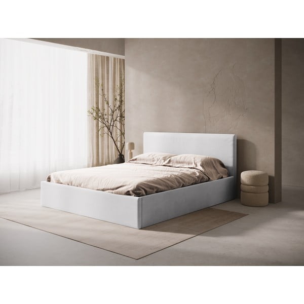 Pat matrimonial gri deschis tapițat cu spațiu de depozitare/fără tăblie cu somieră 180x200 cm Susan – Micadoni -image-1