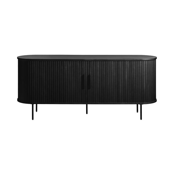 Comodă neagră joasă cu aspect de lemn de stejar cu ușă glisantă 76x180 cm Nola – Unique Furniture