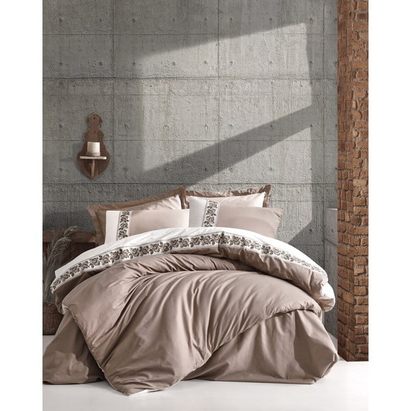 Lenjerie de pat din bumbac cu cearșaf Cotton Box Rosinda, 200 x 220 cm, bej