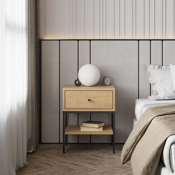 Noptieră în culoare naturală cu rafturi cu aspect de lemn de stejar Lisa – Marckeric-image-1