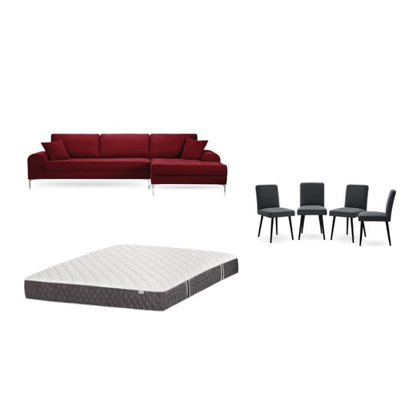 Set canapea roșie cu șezlong pe partea dreaptă, 4 scaune gri antracit și saltea 160 x 200 cm Home Essentials