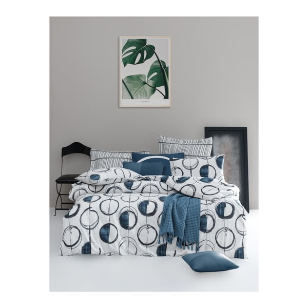 Lenjerie de pat cu cearșaf din bumbac ranforce, pentru pat dublu Mijolnir Piksel Blue, 200 x 220 cm