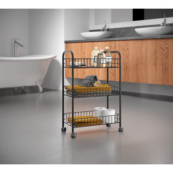 Cărucior mobil din oțel inoxidabil pentru depozitare Metaltex Lugano Lava, negru-image-1