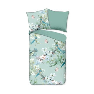 Lenjerie de pat din bumbac organic pentru pat dublu Descanso Flowery, 200 x 220 cm, verde