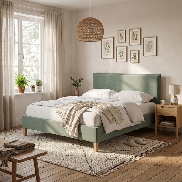 Pat matrimonial verde tapițat cu somieră 180x200 cm Tina – Ropez-image-1