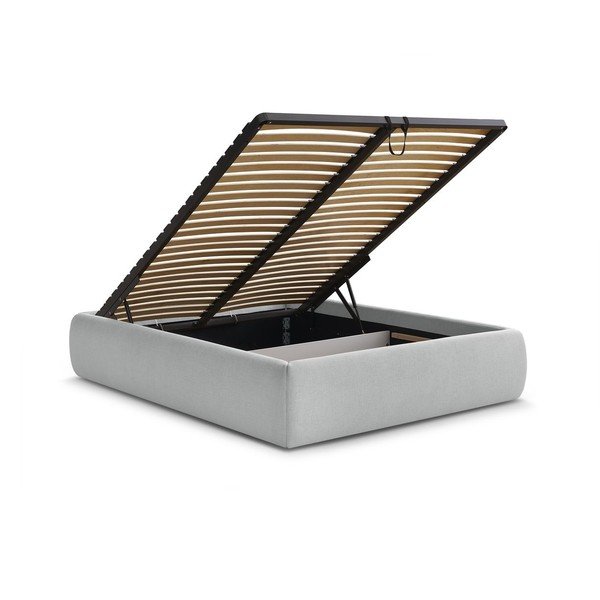 Pat matrimonial gri deschis tapițat cu spațiu de depozitare/fără tăblie cu somieră 160x200 cm Inera – Bobochic Paris-image-3