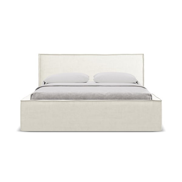 Pat matrimonial crem tapițat cu spațiu de depozitare cu somieră 180x200 cm Anani – Makamii-image-3