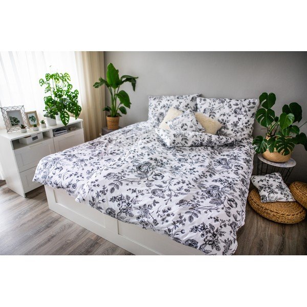 Lenjerie de pat din bumbac satinat Cotton House Flower, 140 x 200 cm, alb - negru-image-1
