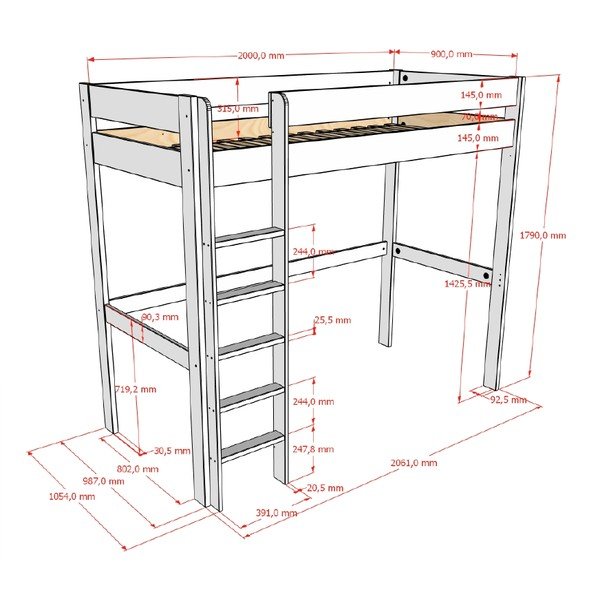 Pat pentru copii  alb înalt cu somieră 90x200 cm Primo – Vipack-image-2