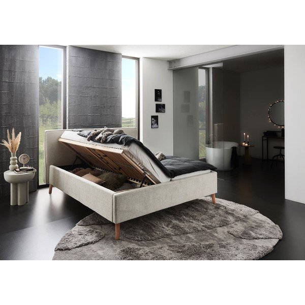 Pat matrimonial crem tapițat cu spațiu de depozitare cu somieră 160x200 cm Riva – Meise Möbel-image-3