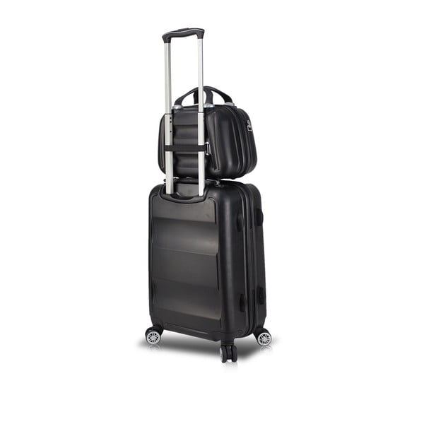 Set valiză cu roți, port USB și geantă cosmetică/voiaj My Valice LASSO MU & Medium, negru