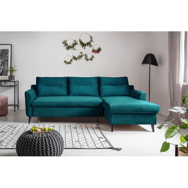 Colțar extensibil din catifea cu șezlong pe partea dreaptă Miuform Stylish Stan, turcoaz-image-1
