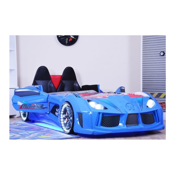 Pat în formă de automobil cu lumini LED pentru copii Racero, 90 x 190 cm, albastru